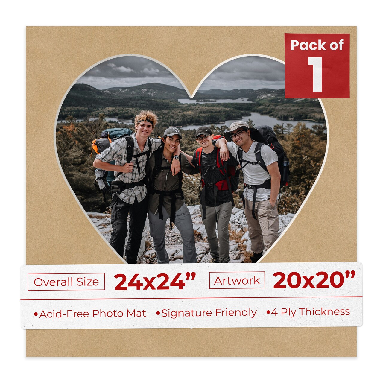 Beige Suede Mat Board for 24x24 Frames - Heart Opening for 20x20 Photos